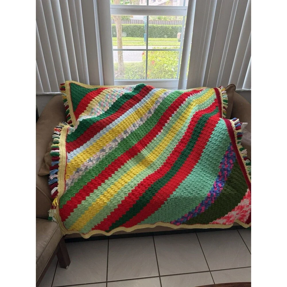 Vintage Granny Crochet Knit Afghan Throw Blanket Colorful Multicolor 53” x53”